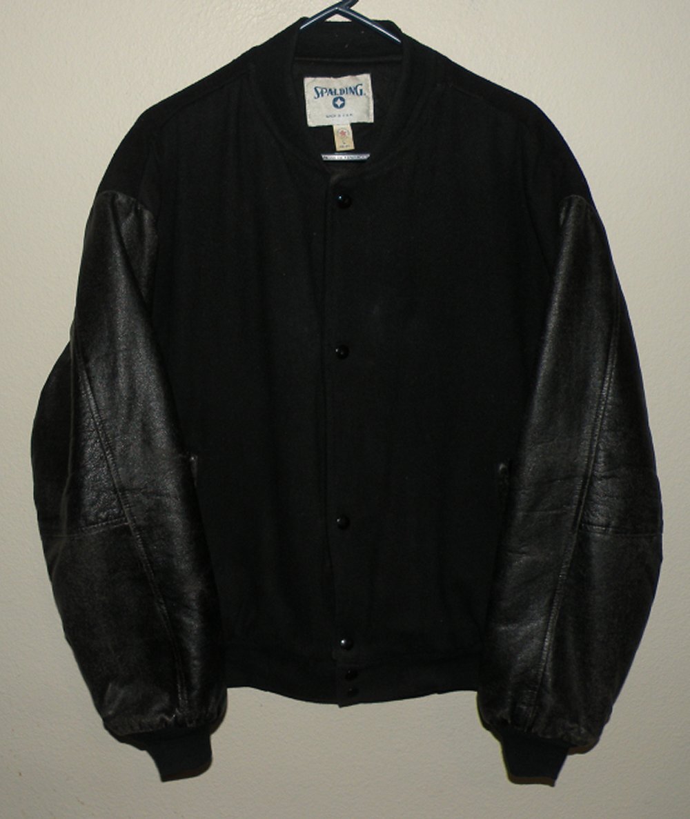 Vtg 90s Spalding Men’s Large Snap Bomber Letterman’s Jacket Black Wool Leather